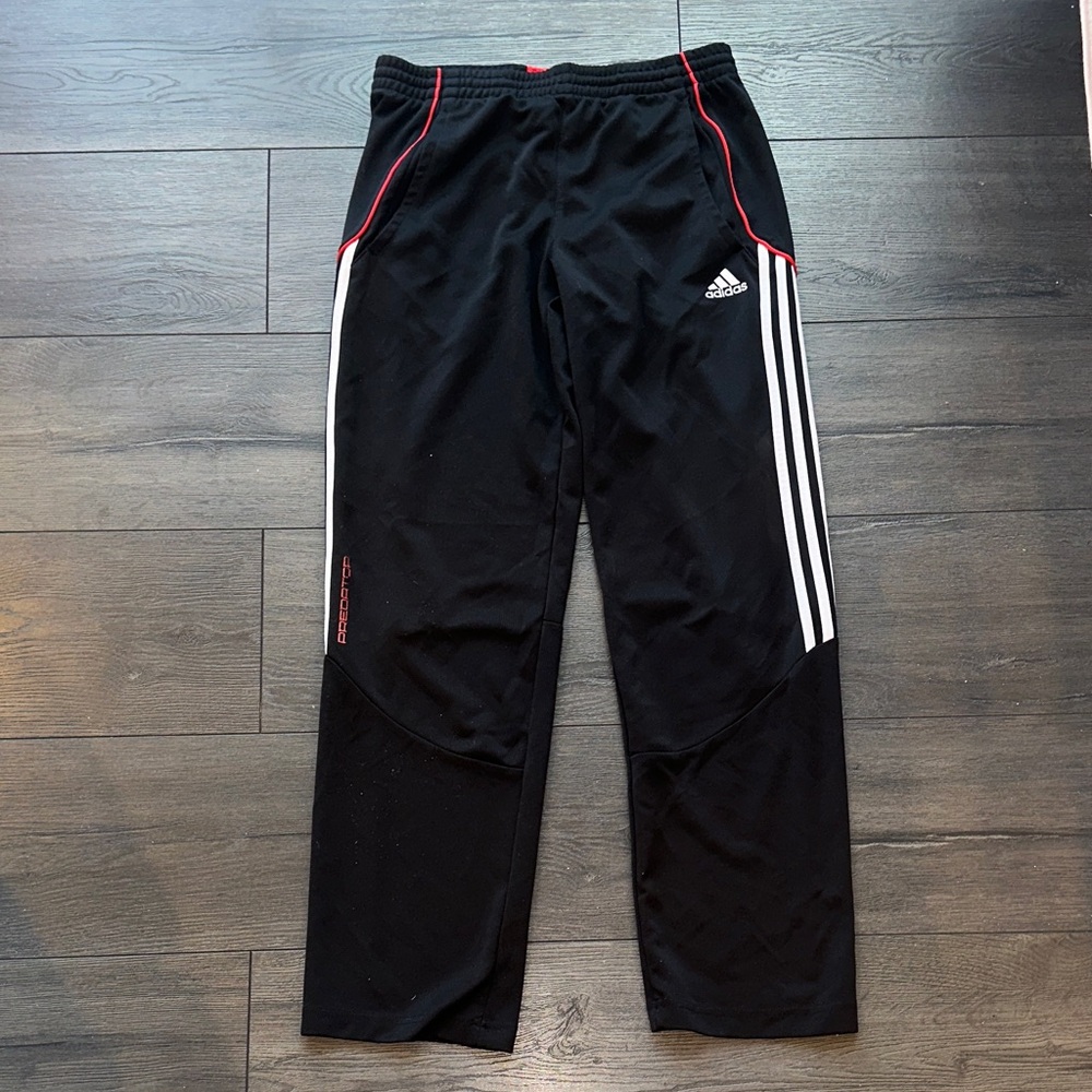 Adidas Black Joggers with White Stripes and Red Accents